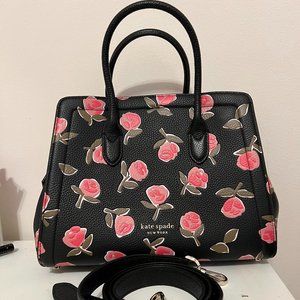 Kate Spade Medium Knot Black Leather Bag With Roses NWOT